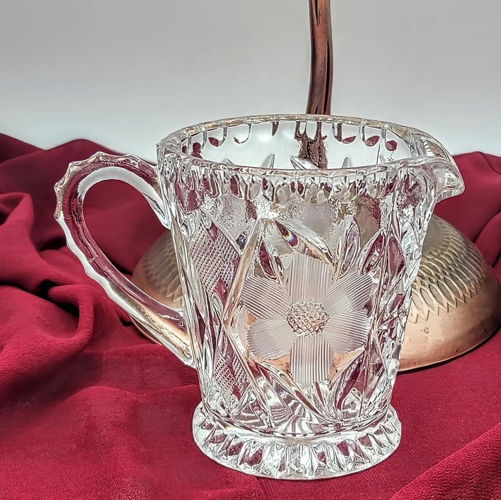 Pressed Crystal Creamer Sugar Bowl Lid Tray Floral Daisy Diamond Pattern Vintage